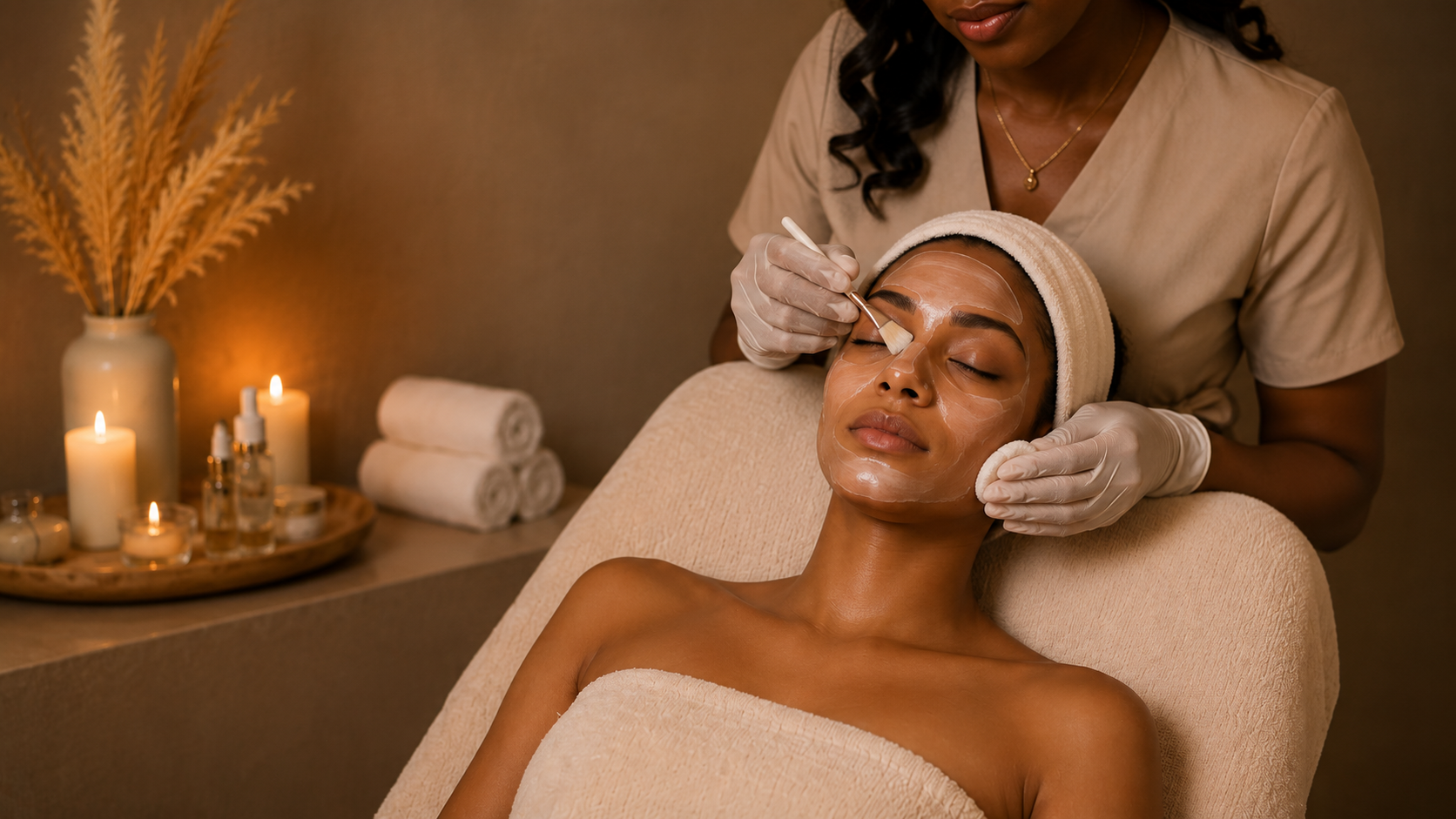 Profissional a realizar um tratamento facial num ambiente tranquilo