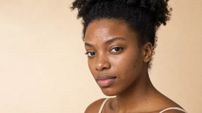 Retrato com sinais de acne ativa ligeira na testa e na face